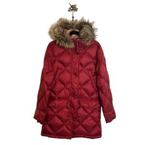 Abercrombie & Fitch Quilted Down‎ Hooded Winter Coat Size XS Red Faux Fur Trim